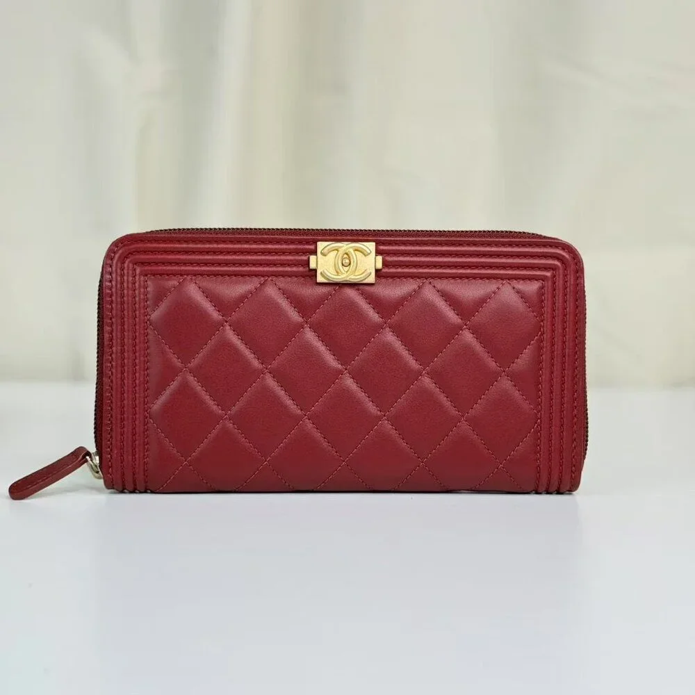 Chanel Dark Red Boy Wallet with Box Quilted Design & Gold Hardware